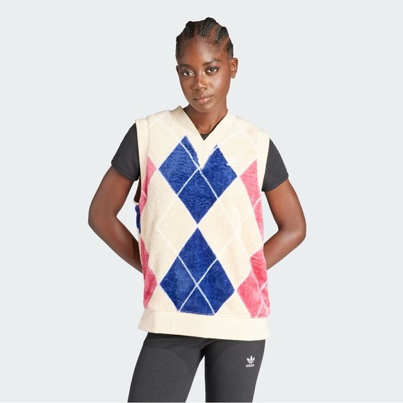 Adidas Argyle Fluffy V-Neck Vest in Dark Blue Wild Pink Magic Beige Size L - Picture 1 of 12